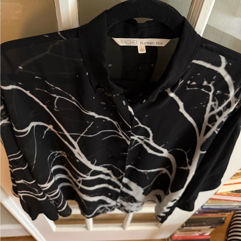 RACHEL Rachel Roy Black Sheer Button-Down Top with White Tree Branch Print - Picture 5 of 8